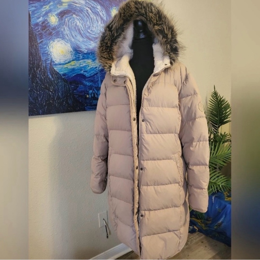 Lauren Ralph Lauren Light Blush Quilted Hooded Puffer with Faux Fur Trim